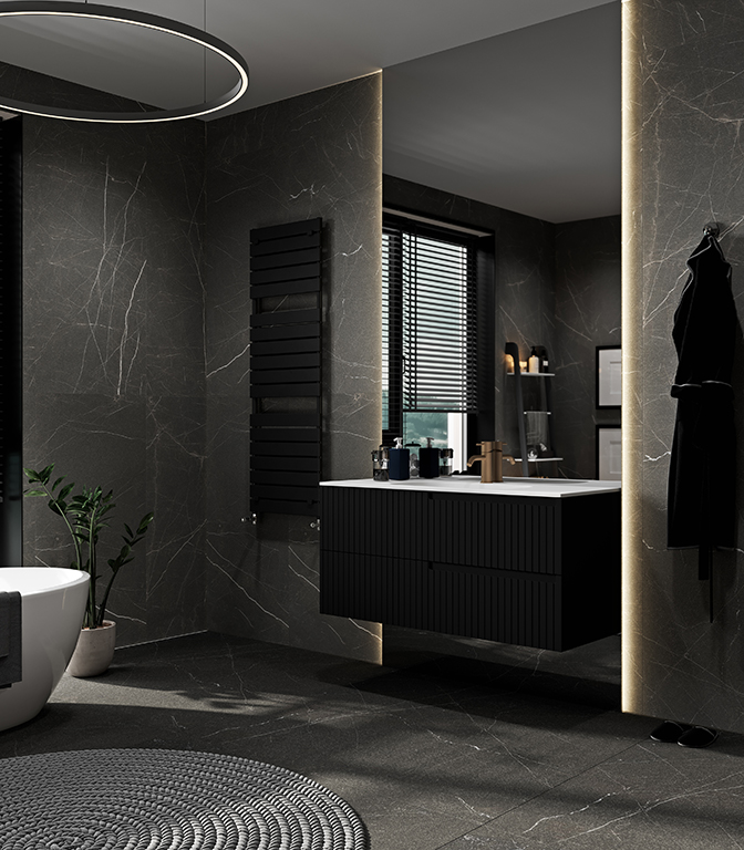 industrial mirror. Modern gray bathroom interior with black furniture, bathtub and sink with mirror, 3d rendering